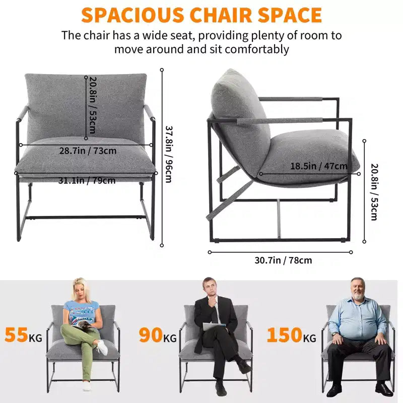 Sling Accent Chair with Metal Frame, Modern Comfy Living Room Chair, Upholstered Reading Chair with Shredded Foam Cushioning, Oversized Arm Chair