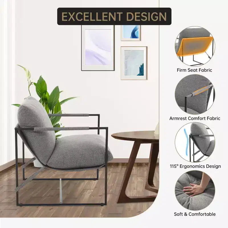 Sling Accent Chair with Metal Frame, Modern Comfy Living Room Chair, Upholstered Reading Chair with Shredded Foam Cushioning, Oversized Arm Chair