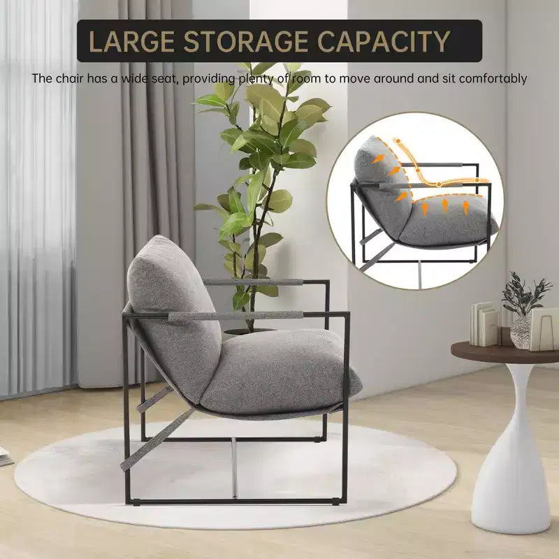 Sling Accent Chair with Metal Frame, Modern Comfy Living Room Chair, Upholstered Reading Chair with Shredded Foam Cushioning, Oversized Arm Chair
