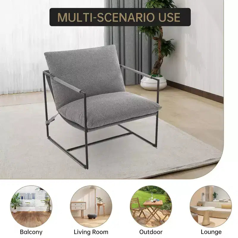 Sling Accent Chair with Metal Frame, Modern Comfy Living Room Chair, Upholstered Reading Chair with Shredded Foam Cushioning, Oversized Arm Chair