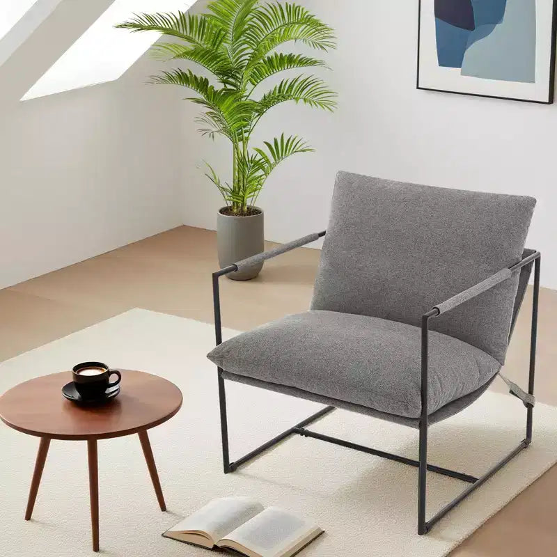 Sling Accent Chair with Metal Frame, Modern Comfy Living Room Chair, Upholstered Reading Chair with Shredded Foam Cushioning, Oversized Arm Chair