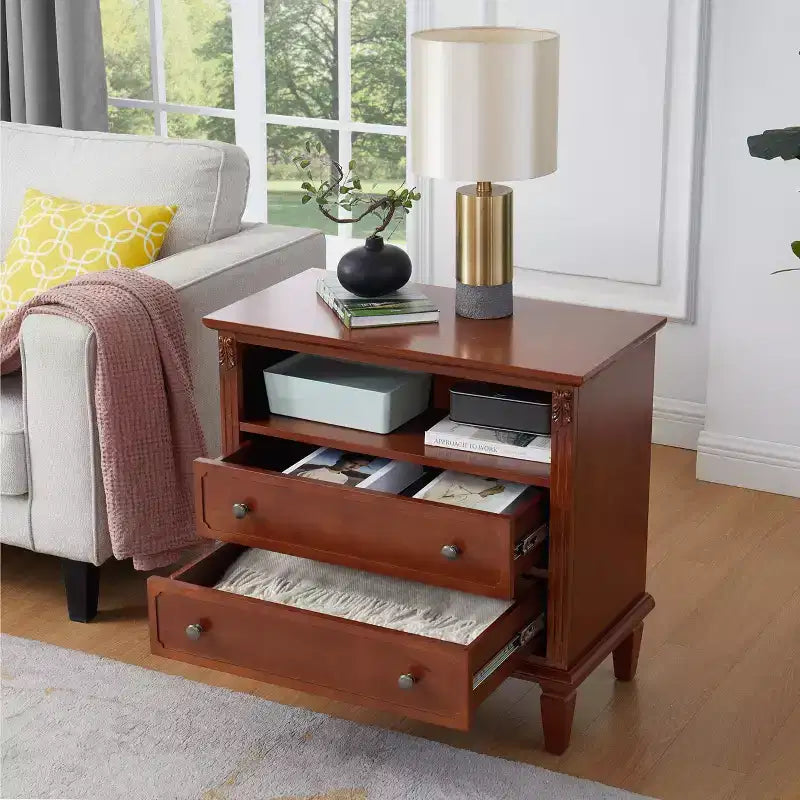 End Table with 2 Drawers and Open Shelves, Vintage Side Table Bedside Tables with USB Ports and Outlets, Wood Legs Support, Nightstand