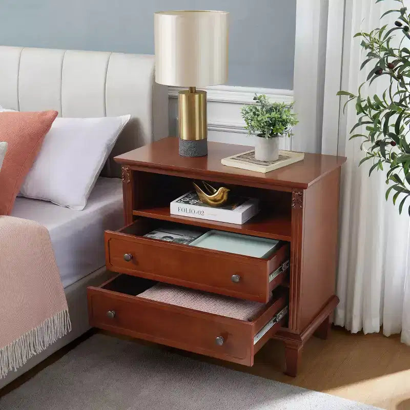 End Table with 2 Drawers and Open Shelves, Vintage Side Table Bedside Tables with USB Ports and Outlets, Wood Legs Support, Nightstand