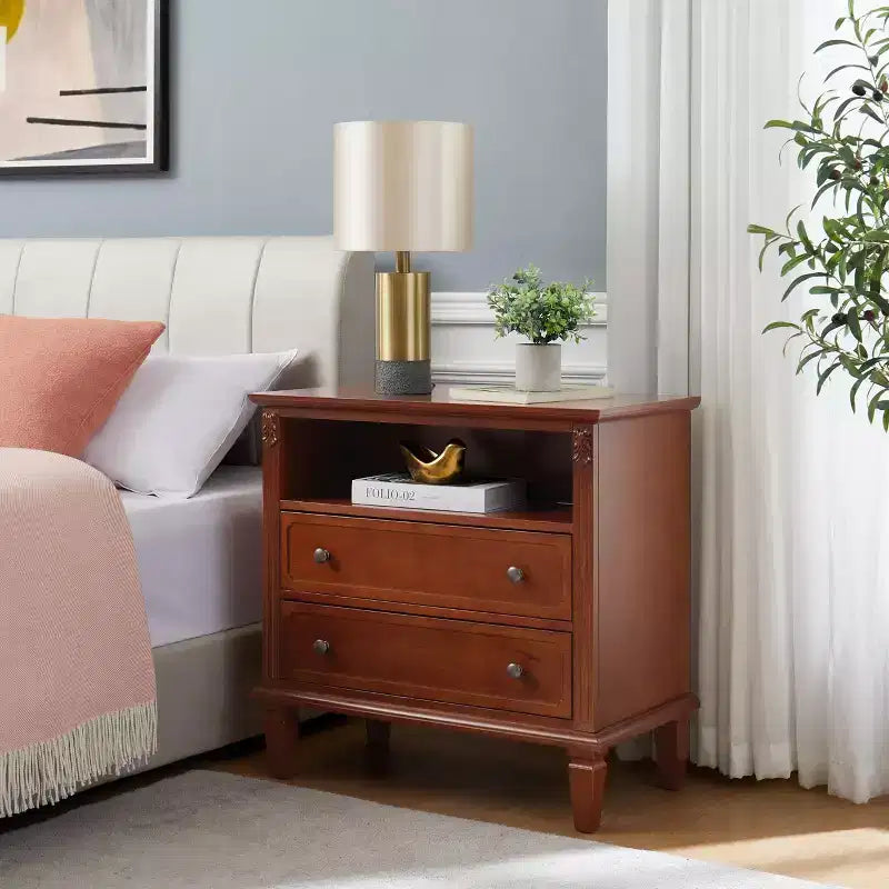 End Table with 2 Drawers and Open Shelves, Vintage Side Table Bedside Tables with USB Ports and Outlets, Wood Legs Support, Nightstand