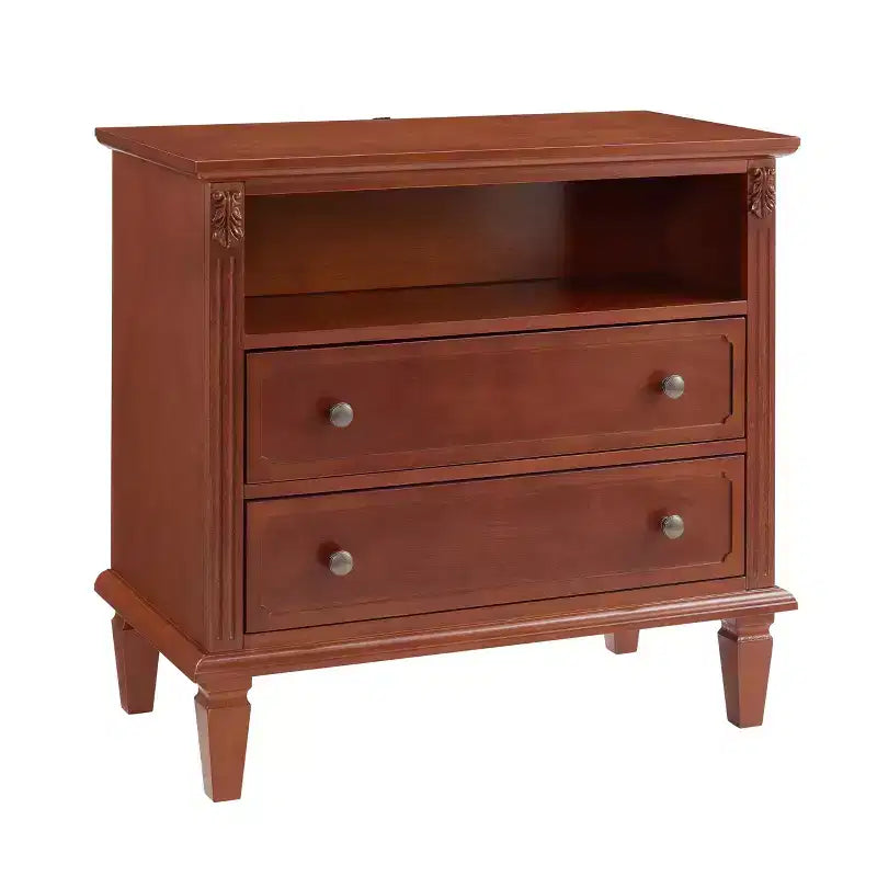 End Table with 2 Drawers and Open Shelves, Vintage Side Table Bedside Tables with USB Ports and Outlets, Wood Legs Support, Nightstand