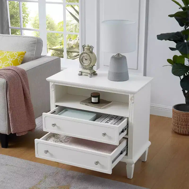 End Table with 2 Drawers and Open Shelves, Vintage Side Table Bedside Tables with USB Ports and Outlets, Wood Legs Support, Nightstand