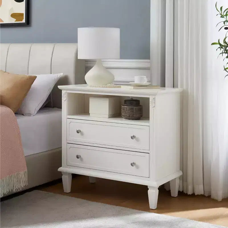 End Table with 2 Drawers and Open Shelves, Vintage Side Table Bedside Tables with USB Ports and Outlets, Wood Legs Support, Nightstand