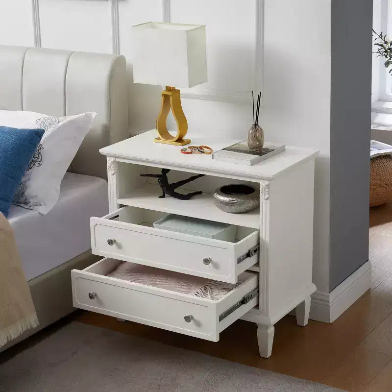 End Table with 2 Drawers and Open Shelves, Vintage Side Table Bedside Tables with USB Ports and Outlets, Wood Legs Support, Nightstand