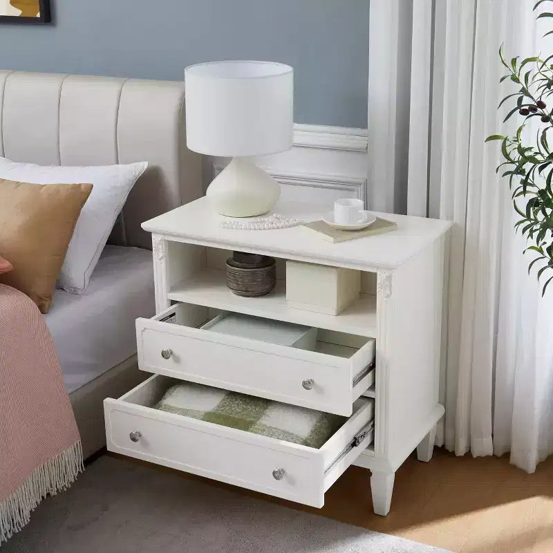 End Table with 2 Drawers and Open Shelves, Vintage Side Table Bedside Tables with USB Ports and Outlets, Wood Legs Support, Nightstand