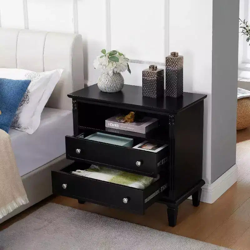 End Table with 2 Drawers and Open Shelves, Vintage Side Table Bedside Tables with USB Ports and Outlets, Wood Legs Support, Nightstand