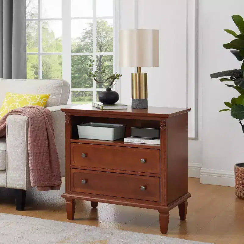 End Table with 2 Drawers and Open Shelves, Vintage Side Table Bedside Tables with USB Ports and Outlets, Wood Legs Support, Nightstand