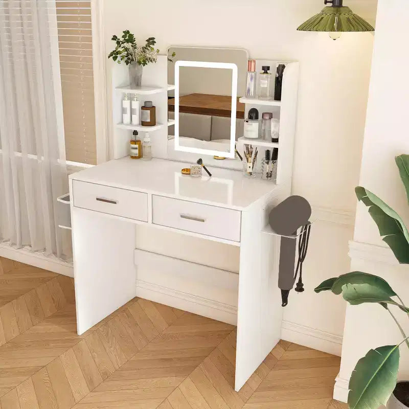 LED mirrored vanity table suitable with integrated lighting 3-color adjustable light strip, 2 large drawers, hair dryer holder White