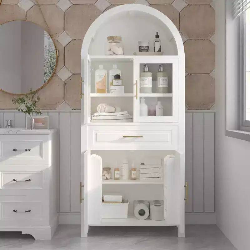 71 Tall Arched Glass Door Kitchen Pantry Cabinet, Freestanding Display Storage Cabinet for Kitchen, Dining Room, or Living Room-Panipeachy