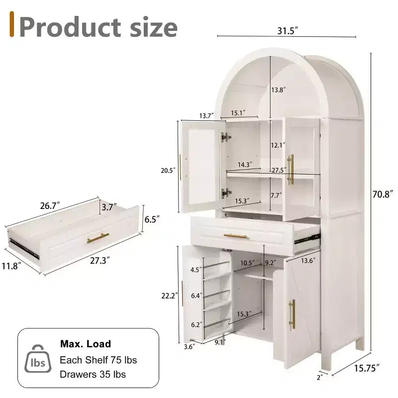 71 Tall Arched Glass Door Kitchen Pantry Cabinet, Freestanding Display Storage Cabinet for Kitchen, Dining Room, or Living Room-Panipeachy