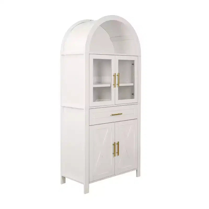 71 Tall Arched Glass Door Kitchen Pantry Cabinet, Freestanding Display Storage Cabinet for Kitchen, Dining Room, or Living Room-Panipeachy