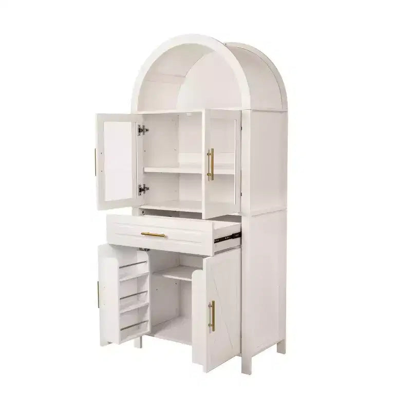 71 Tall Arched Glass Door Kitchen Pantry Cabinet, Freestanding Display Storage Cabinet for Kitchen, Dining Room, or Living Room-Panipeachy