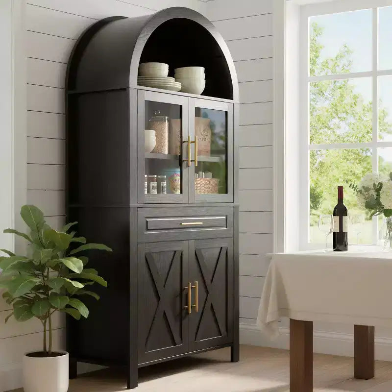 71 Tall Arched Glass Door Kitchen Pantry Cabinet, Freestanding Display Storage Cabinet for Kitchen, Dining Room, or Living Room-Panipeachy