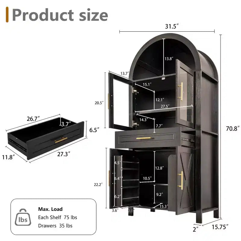 71 Tall Arched Glass Door Kitchen Pantry Cabinet, Freestanding Display Storage Cabinet for Kitchen, Dining Room, or Living Room-Panipeachy