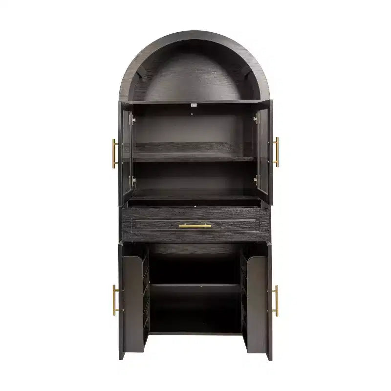 71 Tall Arched Glass Door Kitchen Pantry Cabinet, Freestanding Display Storage Cabinet for Kitchen, Dining Room, or Living Room-Panipeachy