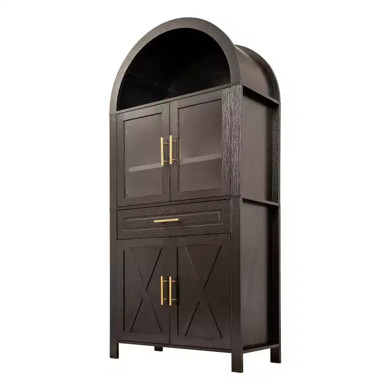 71 Tall Arched Glass Door Kitchen Pantry Cabinet, Freestanding Display Storage Cabinet for Kitchen, Dining Room, or Living Room-Panipeachy