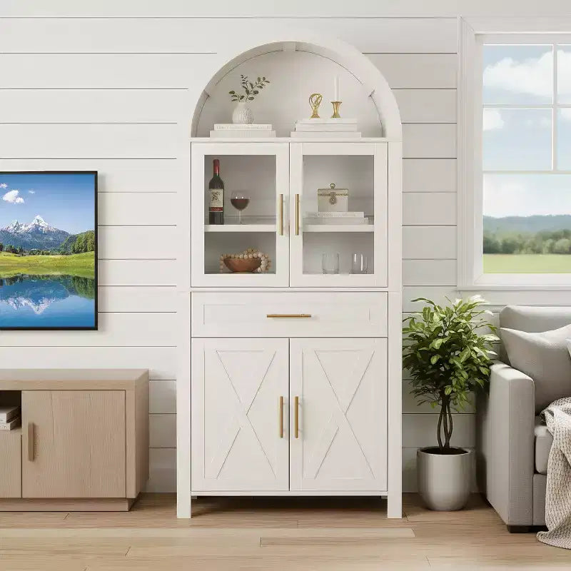 71 Tall Arched Glass Door Kitchen Pantry Cabinet, Freestanding Display Storage Cabinet for Kitchen, Dining Room, or Living Room-Panipeachy