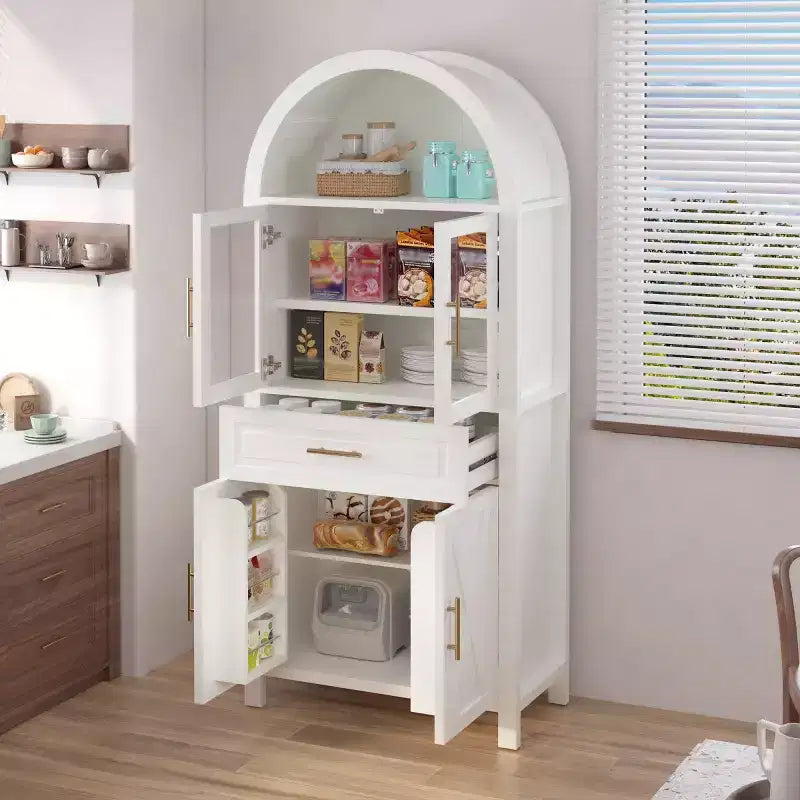 71 Tall Arched Glass Door Kitchen Pantry Cabinet, Freestanding Display Storage Cabinet for Kitchen, Dining Room, or Living Room-Panipeachy
