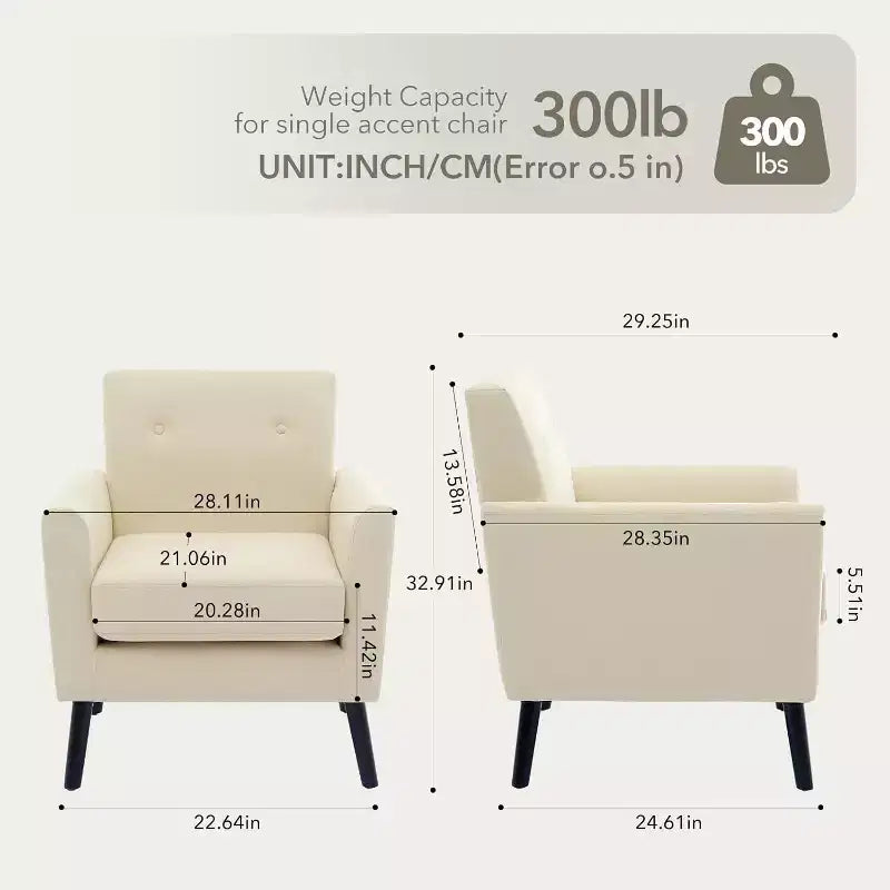 Modern Accent Chair with Linen Fabric, Upholstered Single Sofa Chair with Wood Legs & Thick Cushion, White Comfy Reading Armchair