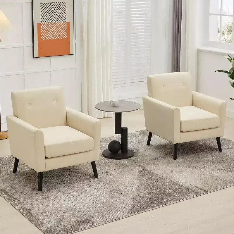 Modern Accent Chair with Linen Fabric, Upholstered Single Sofa Chair with Wood Legs & Thick Cushion, White Comfy Reading Armchair