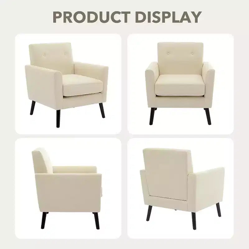 Modern Accent Chair with Linen Fabric, Upholstered Single Sofa Chair with Wood Legs & Thick Cushion, White Comfy Reading Armchair