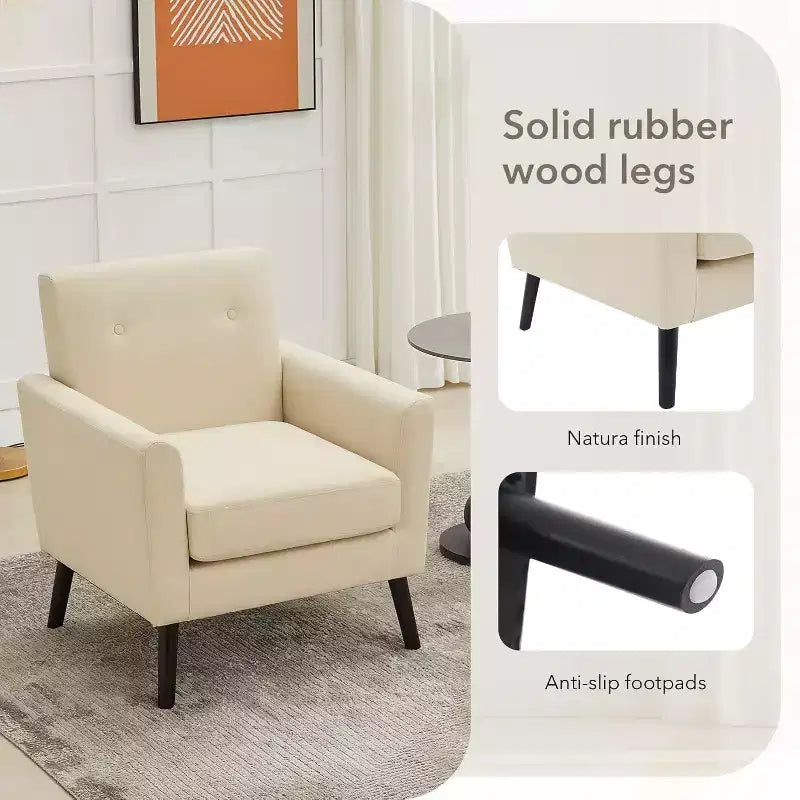 Modern Accent Chair with Linen Fabric, Upholstered Single Sofa Chair with Wood Legs & Thick Cushion, White Comfy Reading Armchair