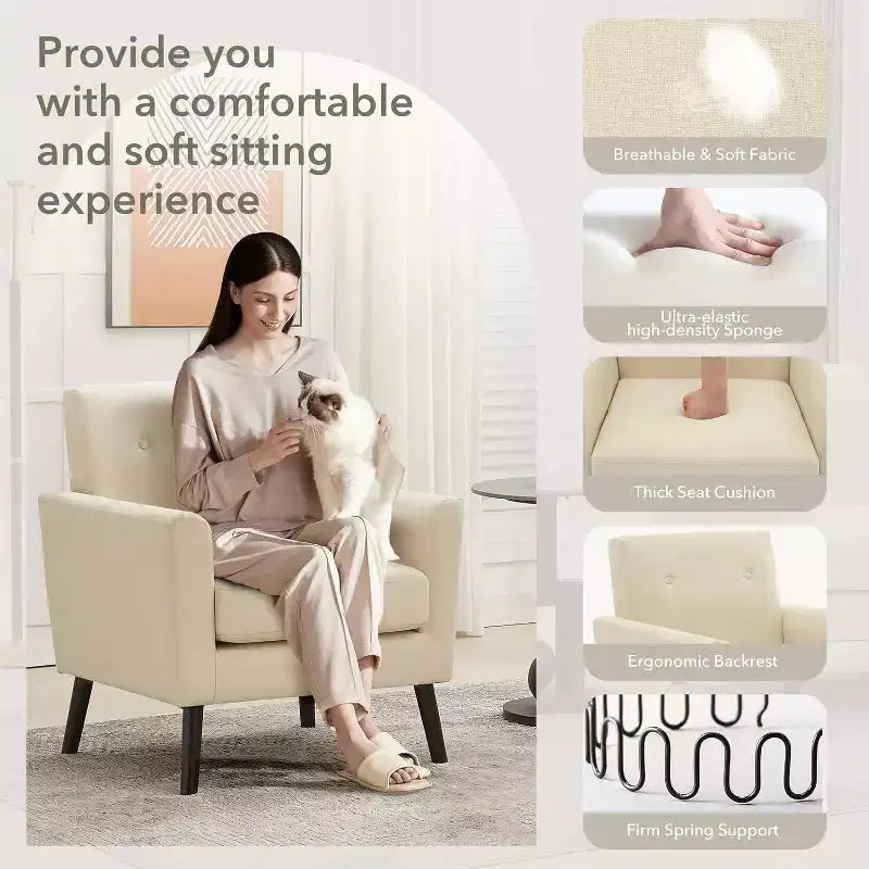 Modern Accent Chair with Linen Fabric, Upholstered Single Sofa Chair with Wood Legs & Thick Cushion, White Comfy Reading Armchair