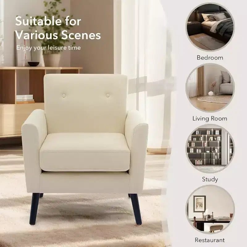 Modern Accent Chair with Linen Fabric, Upholstered Single Sofa Chair with Wood Legs & Thick Cushion, White Comfy Reading Armchair