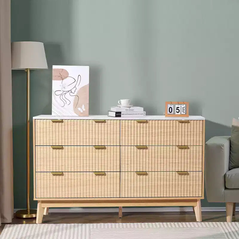 VEVOR 6 Fluted Drawer Dresser, Wooden Chest of Drawers with Sliding & Anti-tip Device, Modern Minimalist Dresser Chest, Fluted Closet Storage, Brown