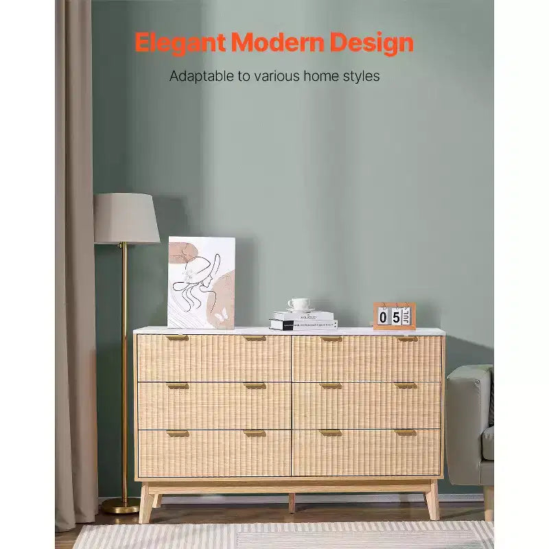 VEVOR 6 Fluted Drawer Dresser, Wooden Chest of Drawers with Sliding & Anti-tip Device, Modern Minimalist Dresser Chest, Fluted Closet Storage, Brown