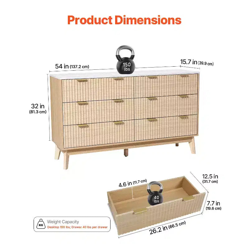 VEVOR 6 Fluted Drawer Dresser, Wooden Chest of Drawers with Sliding & Anti-tip Device, Modern Minimalist Dresser Chest, Fluted Closet Storage, Brown