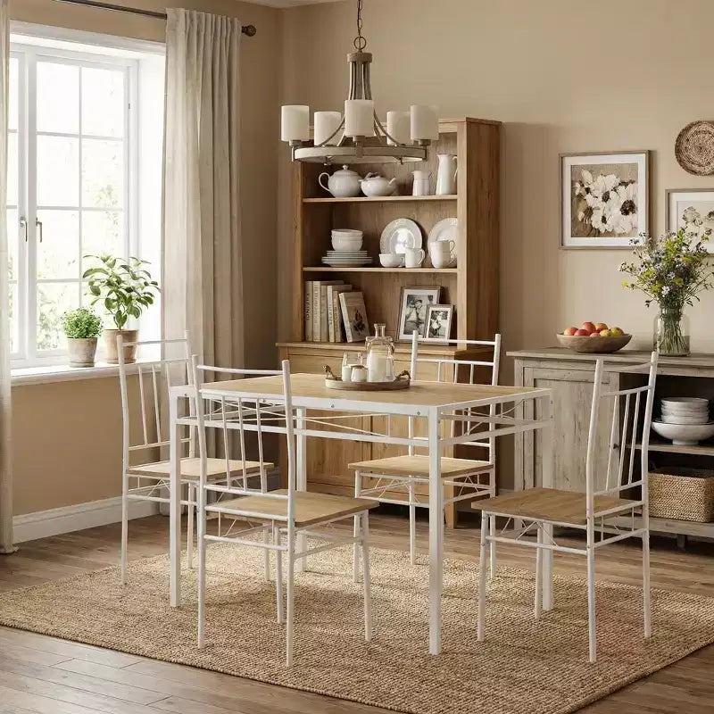 FurnitureR 5-Piece Dining Table Set with 4 Chairs, Space Saving Kitchen Dining Set, Metal Frame Wood Top, Easy Clean for Home Restaurant Classroom