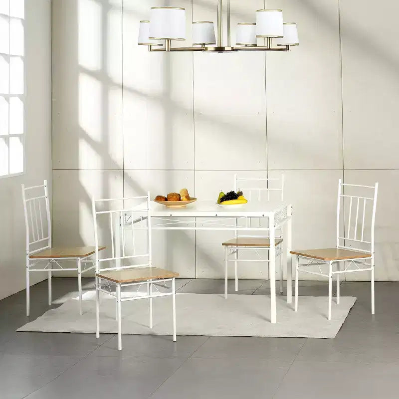 FurnitureR 5-Piece Dining Table Set with 4 Chairs, Space Saving Kitchen Dining Set, Metal Frame Wood Top, Easy Clean for Home Restaurant Classroom