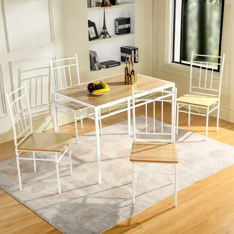FurnitureR 5-Piece Dining Table Set with 4 Chairs, Space Saving Kitchen Dining Set, Metal Frame Wood Top, Easy Clean for Home Restaurant Classroom