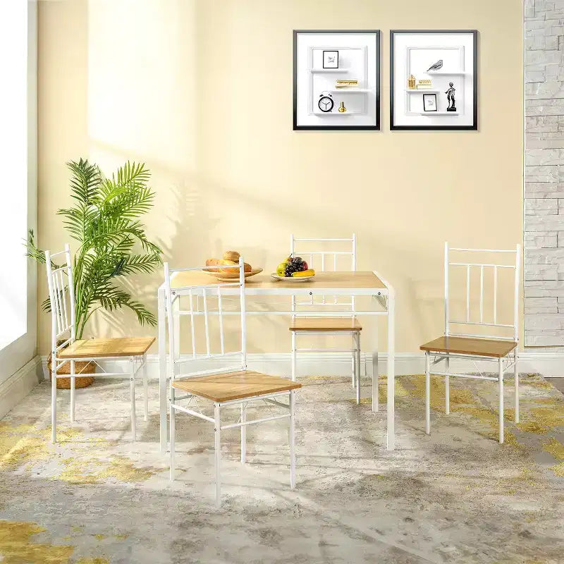 FurnitureR 5-Piece Dining Table Set with 4 Chairs, Space Saving Kitchen Dining Set, Metal Frame Wood Top, Easy Clean for Home Restaurant Classroom