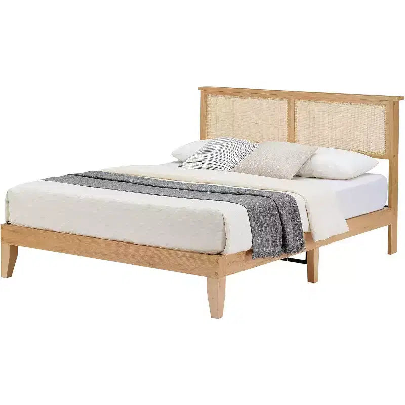 Acekool Twin Rattan Bed Frame, Boho Platform Bed with Natural Rattan Headboard & Underbed Storage, No Box Spring Needed