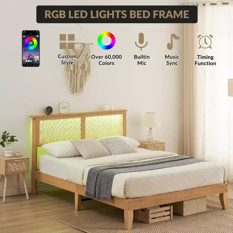 Acekool Twin Rattan Bed Frame, Boho Platform Bed with Natural Rattan Headboard & Underbed Storage, No Box Spring Needed