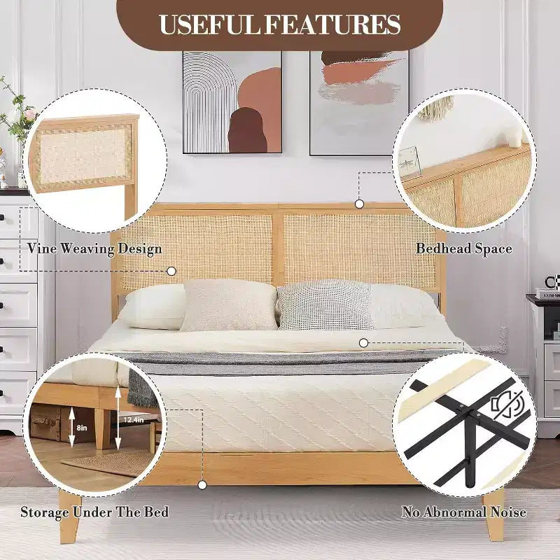 Acekool Twin Rattan Bed Frame, Boho Platform Bed with Natural Rattan Headboard & Underbed Storage, No Box Spring Needed