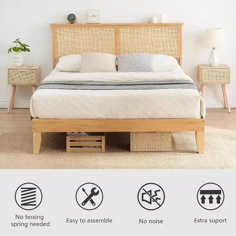 Acekool Twin Rattan Bed Frame, Boho Platform Bed with Natural Rattan Headboard & Underbed Storage, No Box Spring Needed
