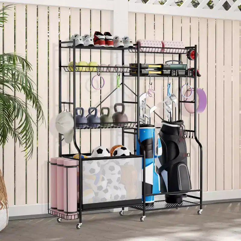 Gymax Sports Gear Organizer w/ Yoga Mat Holder Ball Basket & Adjustable Shelves & Lockable Swivel Wheels for Garage Gym Basement