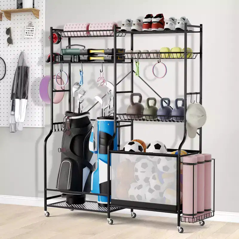 Gymax Sports Gear Organizer w/ Yoga Mat Holder Ball Basket & Adjustable Shelves & Lockable Swivel Wheels for Garage Gym Basement