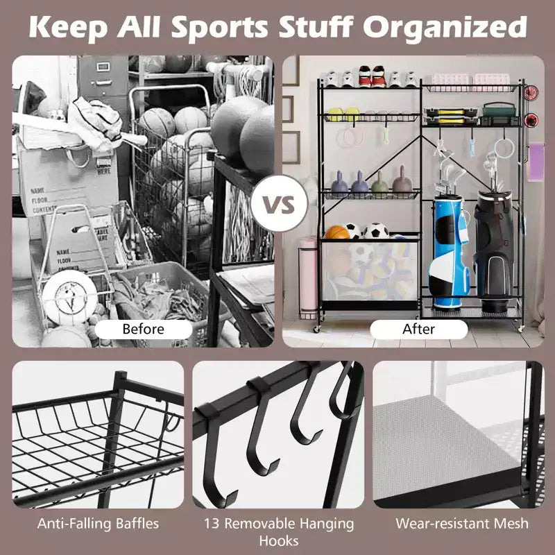 Gymax Sports Gear Organizer w/ Yoga Mat Holder Ball Basket & Adjustable Shelves & Lockable Swivel Wheels for Garage Gym Basement