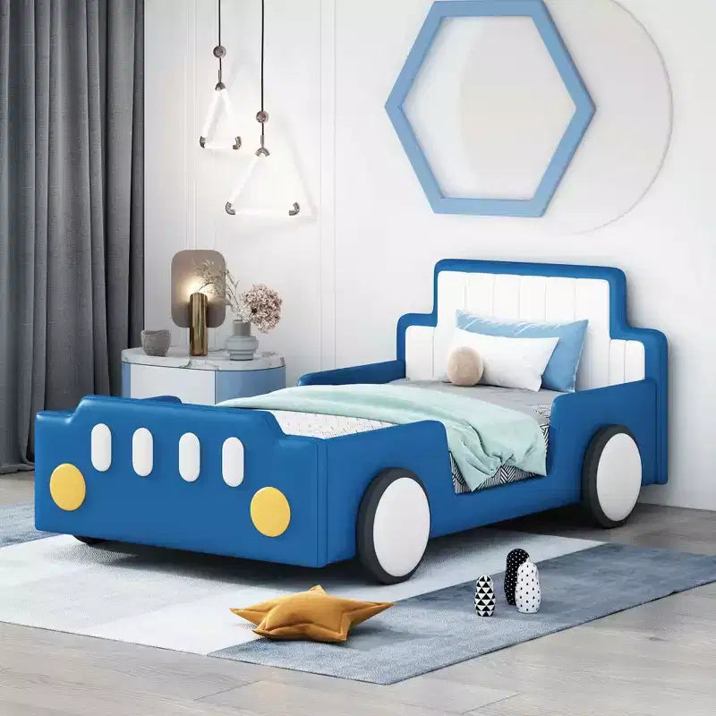 MAYEERTY Twin Size Race Car Shaped Platform Bed, Wheels, Kids Bedroom, Red