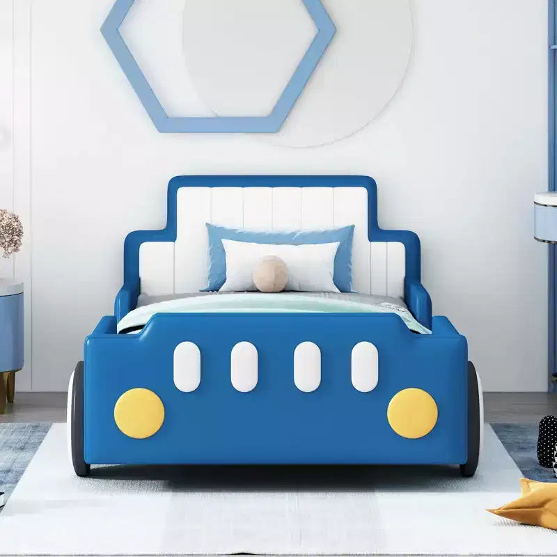 MAYEERTY Twin Size Race Car Shaped Platform Bed, Wheels, Kids Bedroom, Red
