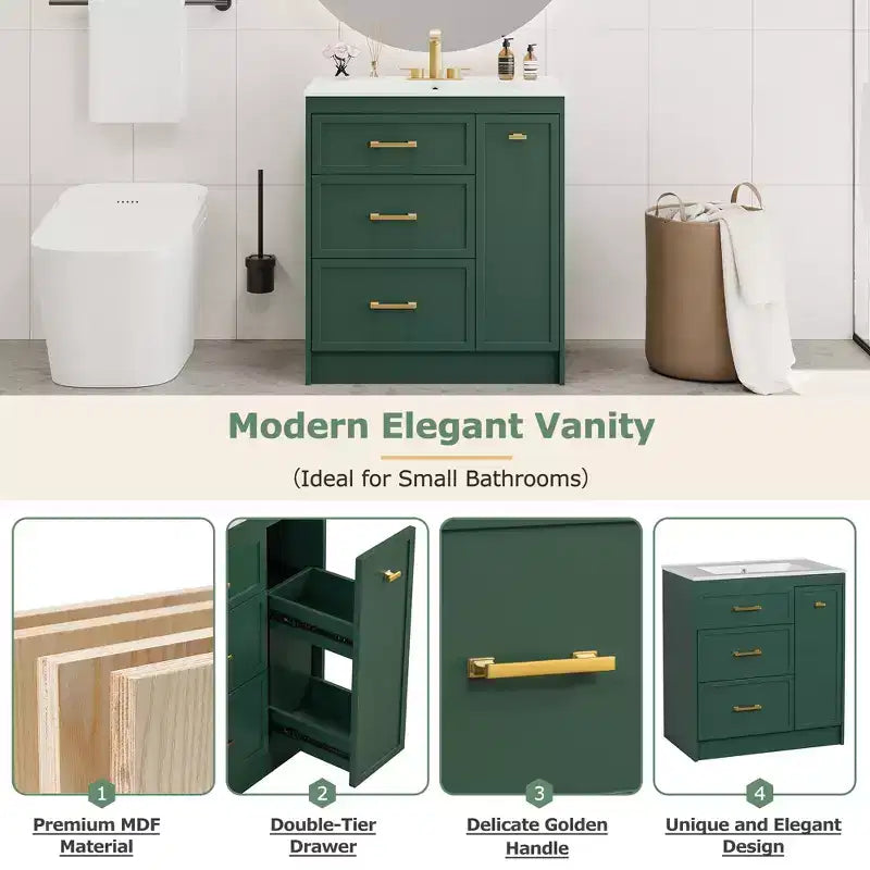 Bathroom Vanity With Single Top Sink, Freestanding Modern Bathroom Storage Cabinet With 3 Drawers, Single Sink Vanity For Small Space Bathroom Green