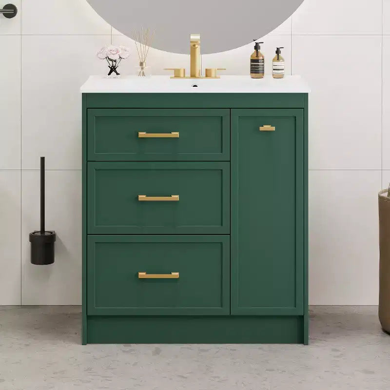 Bathroom Vanity With Single Top Sink, Freestanding Modern Bathroom Storage Cabinet With 3 Drawers, Single Sink Vanity For Small Space Bathroom Green